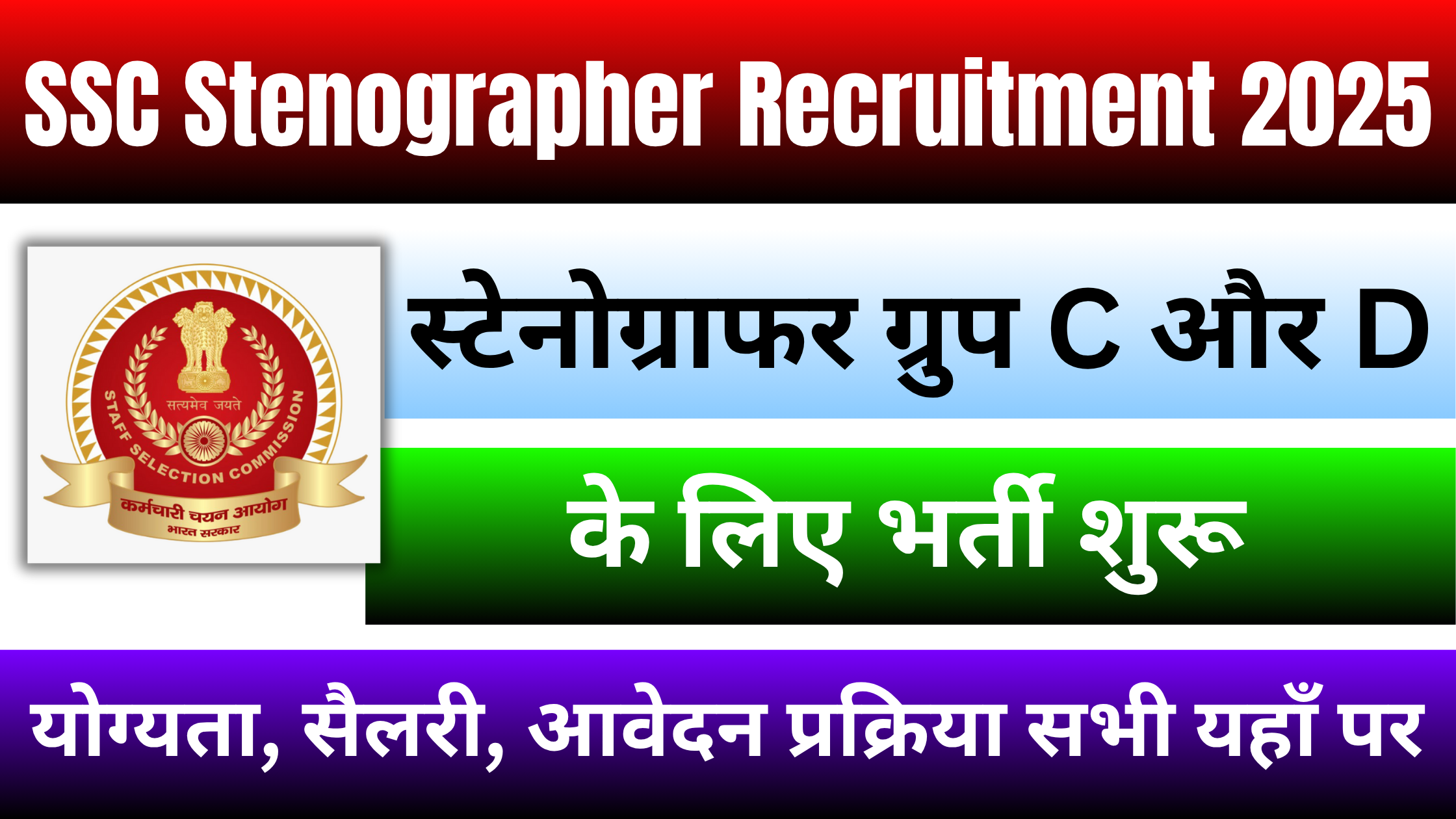 SSC Stenographer Grade C & D Recruitment 2025: ग्रेड C और D की भर्ती शुरू, जानें योग्यता, सैलरी और आवेदन प्रक्रिया #SSC Stenographer Grade C & D Recruitment 2025 #SSC Stenographer Grade C & D Vacancy 2025 #SSC Stenographer Grade C & D Bharti Notification 2025